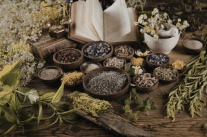 A wooden table covered with various wooden bowls of different colored dried herbs and flowers