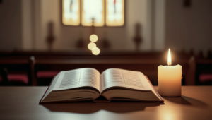 An open prayer book on a wooden altar next to a lit, white candle