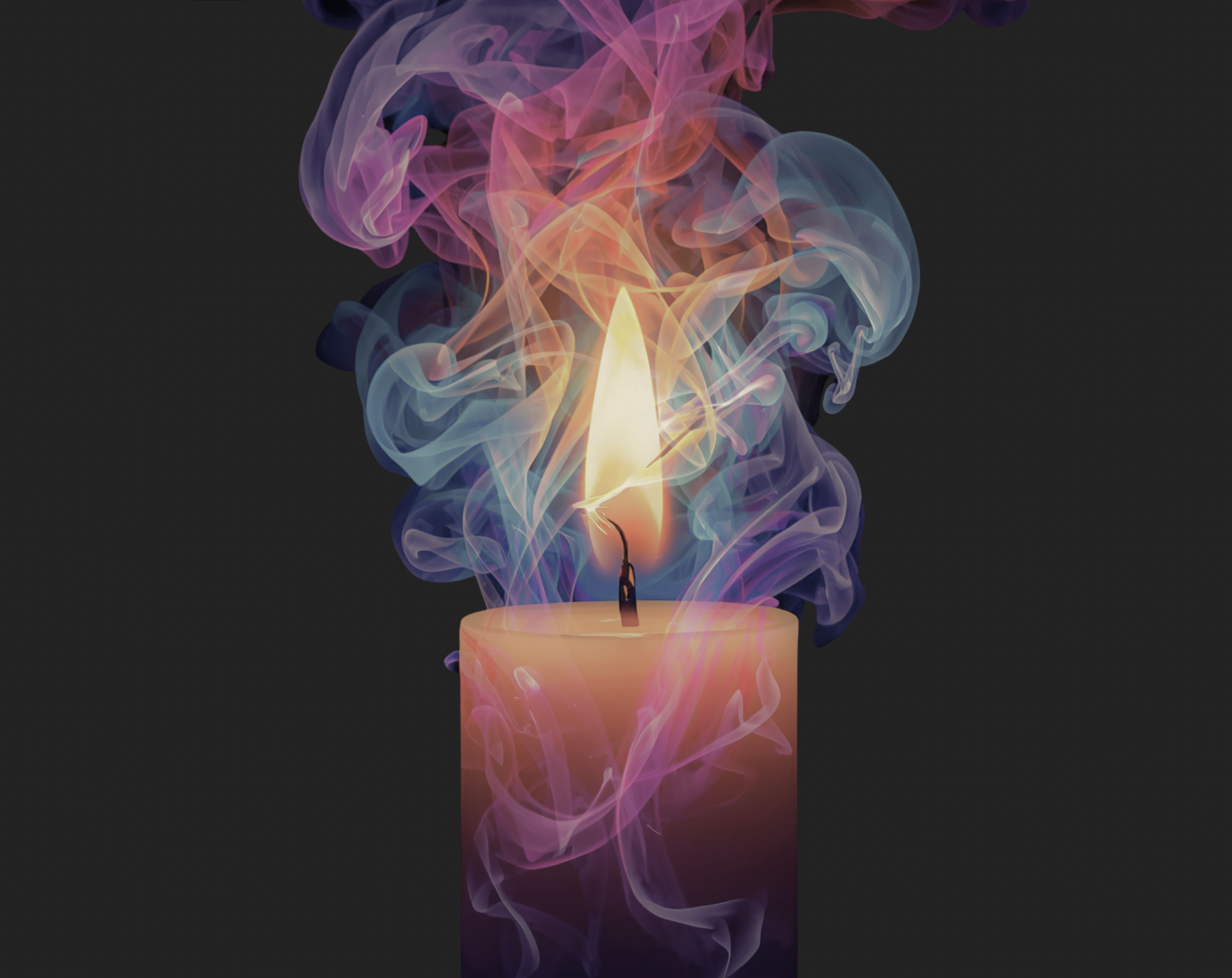 A lit candle with multicolor smoke swirling peacefully around it